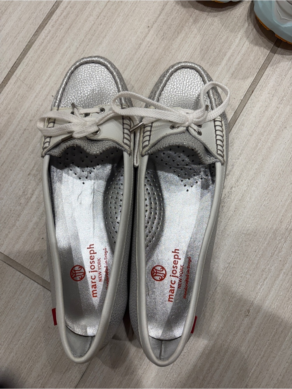 Marc Joseph Silver Metallic and White Leather Boat Loafers